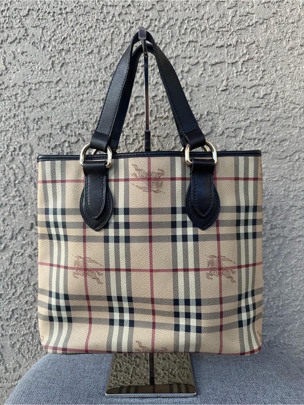 BURBERRY Classic Plaid Tote Bag with Black Leather Handles
